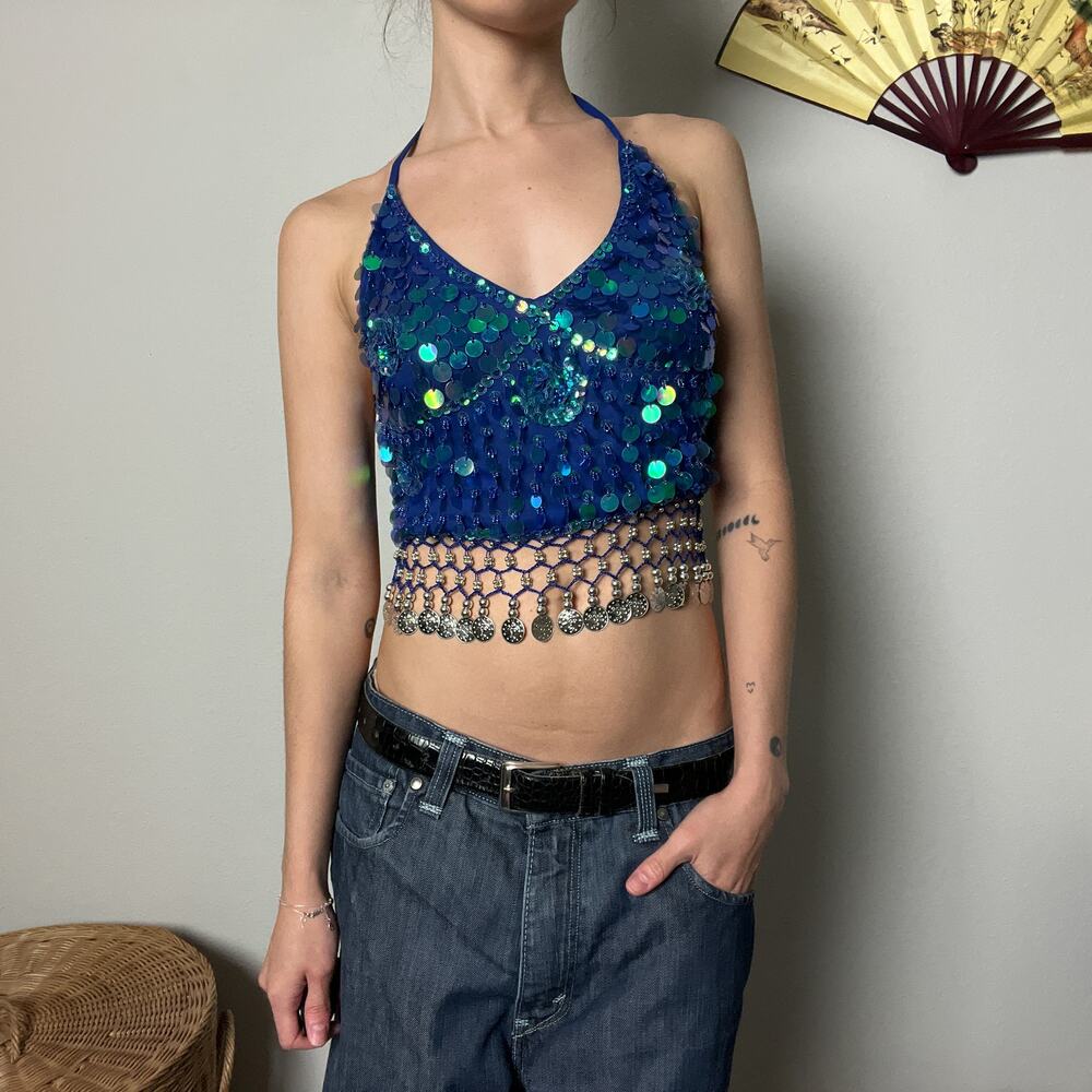 y2k blue sequin boho coin festival coachella rave backless halter crop top